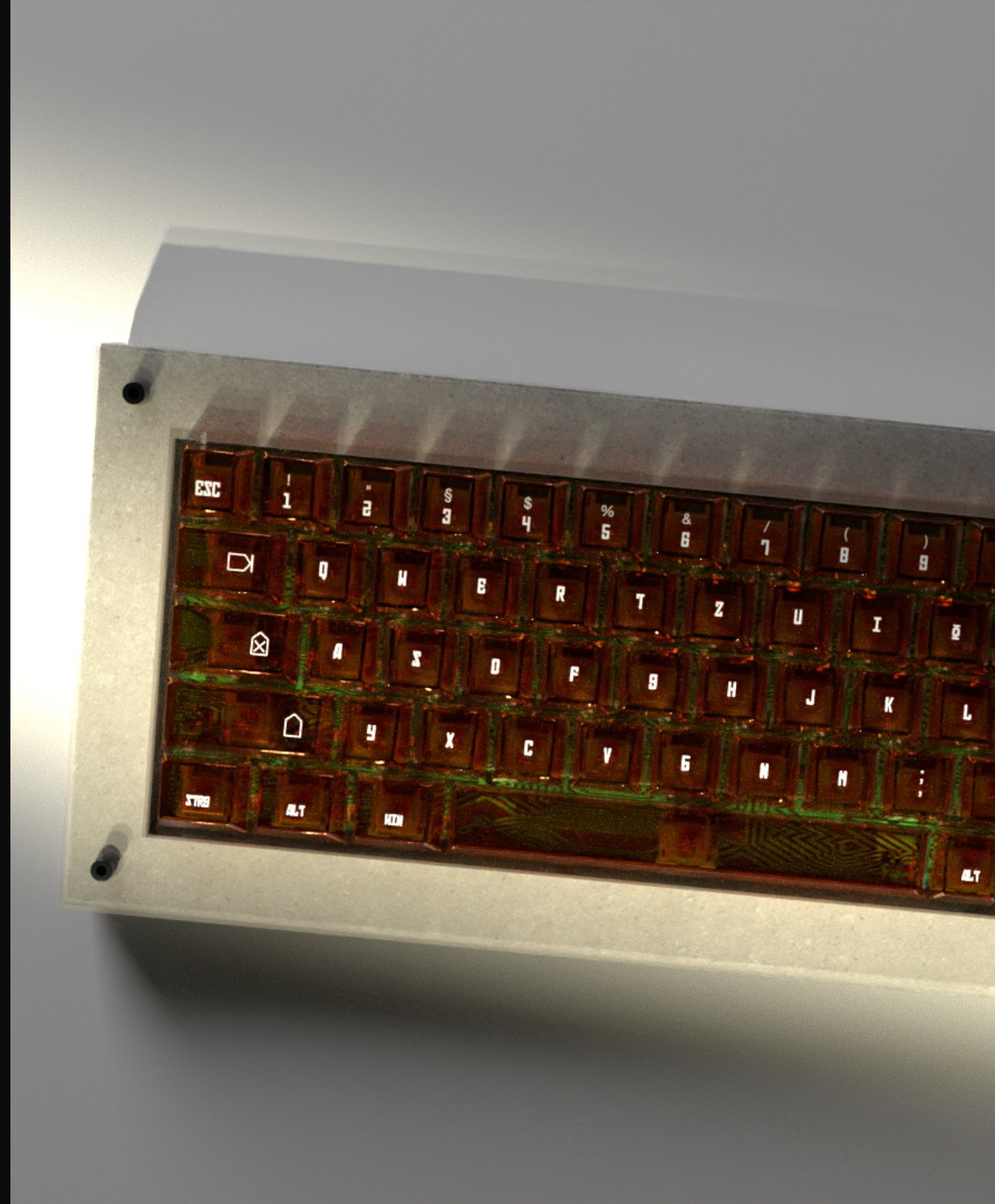 BRUT — keyboard seated in its cast concrete body, lit