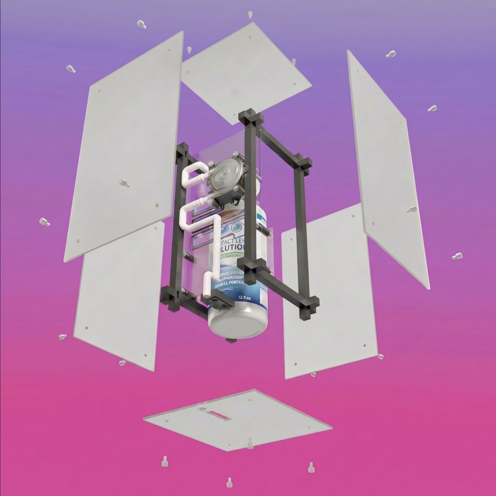 Dispenso — exploded view of the dispenser on a pink gradient